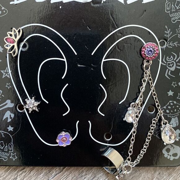 Dolls Kill Multi Piercing Whimsical Stud Earrings w Chain Drop Crystal Earrings - Picture 2 of 4
